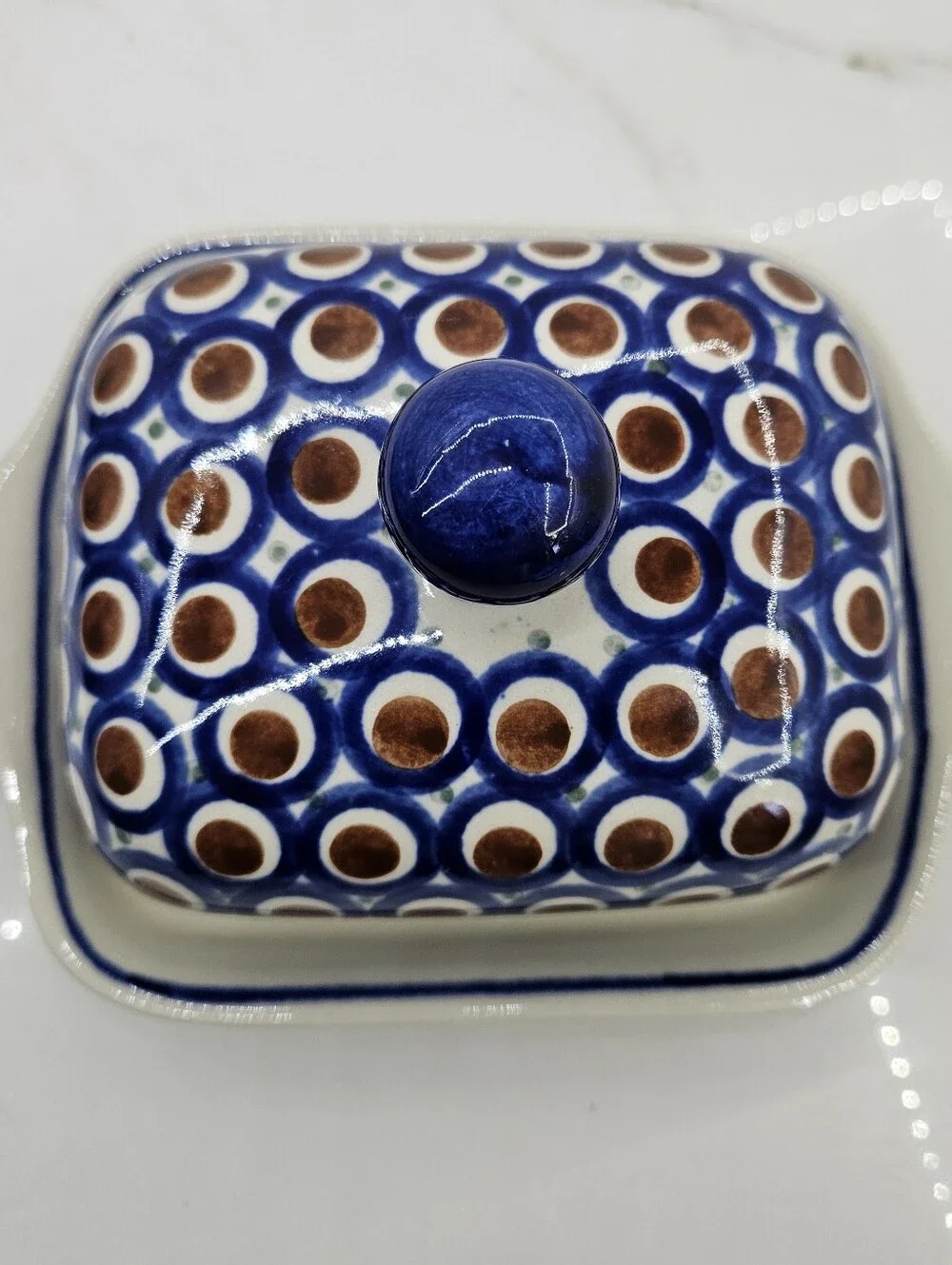 Boleslawiec Polish Pottery Peacock Butter Dish Blue Brown Circles Covered Large